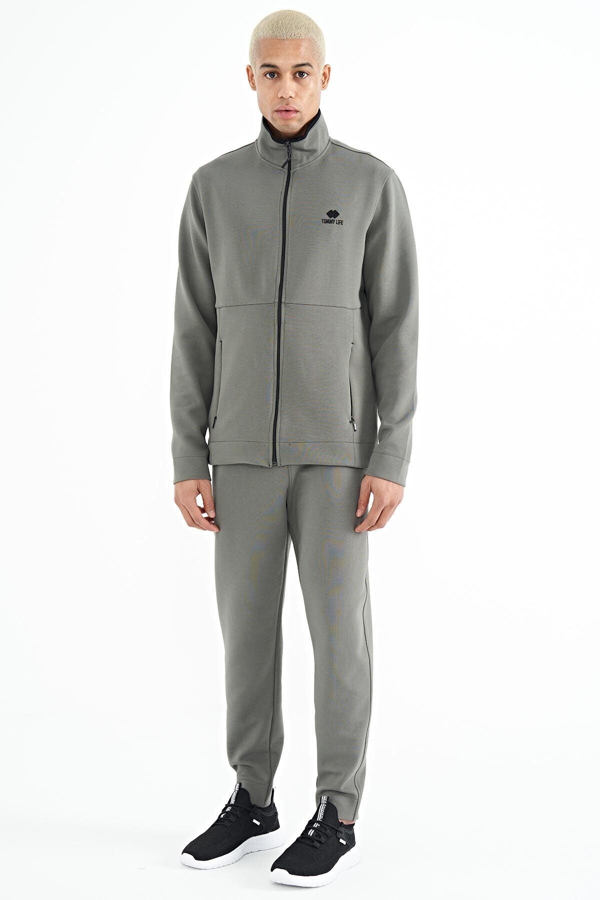 Khaki Logo Embroidered Stand-Up Collar Zippered Hidden Pocket Detailed Men's Tracksuit Set - 85201