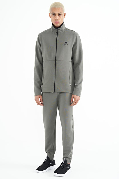 Khaki Logo Embroidered Stand-Up Collar Zippered Hidden Pocket Detailed Men's Tracksuit Set - 85201
