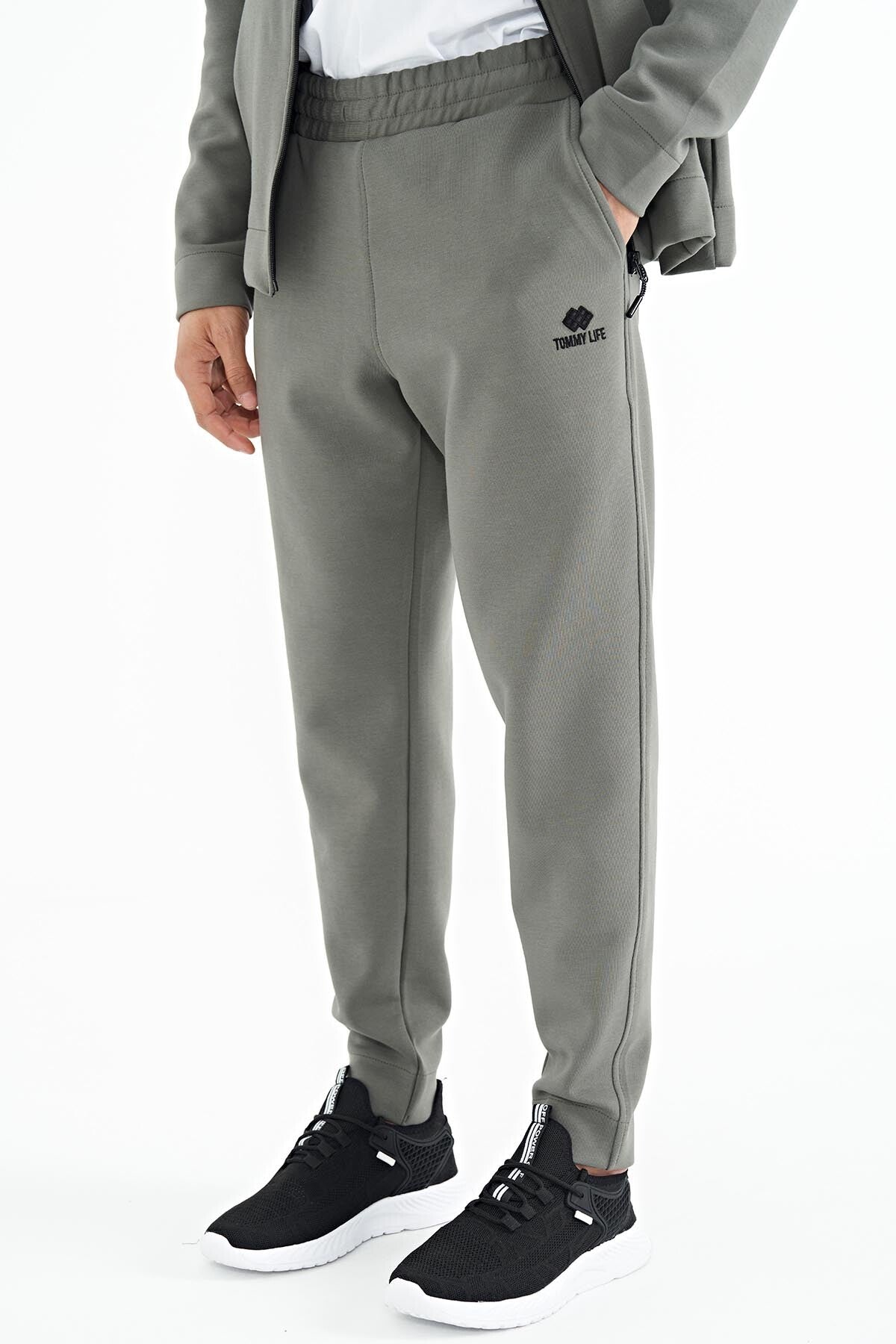 Khaki Logo Embroidered Stand-Up Collar Zippered Hidden Pocket Detailed Men's Tracksuit Set - 85201