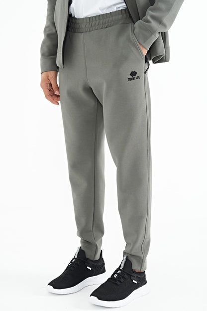 Khaki Logo Embroidered Stand-Up Collar Zippered Hidden Pocket Detailed Men's Tracksuit Set - 85201