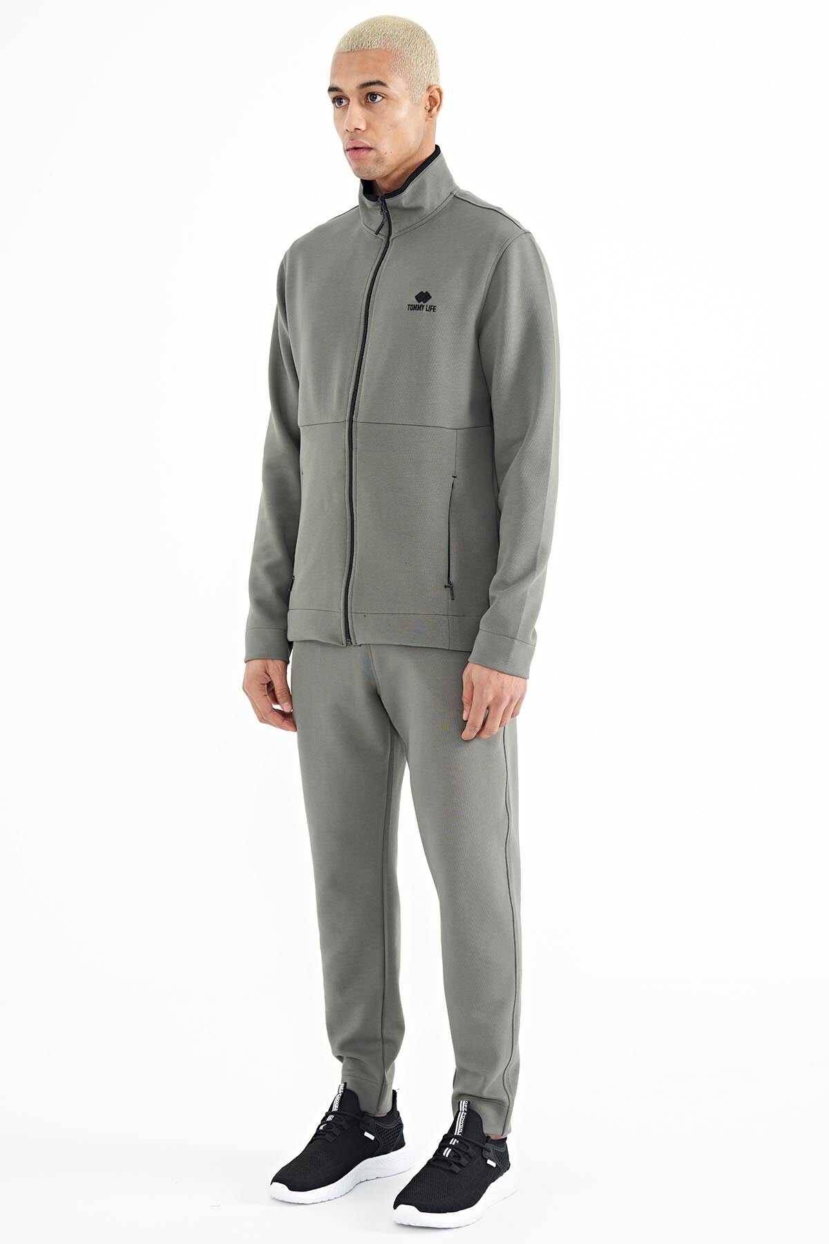 Khaki Logo Embroidered Stand-Up Collar Zippered Hidden Pocket Detailed Men's Tracksuit Set - 85201