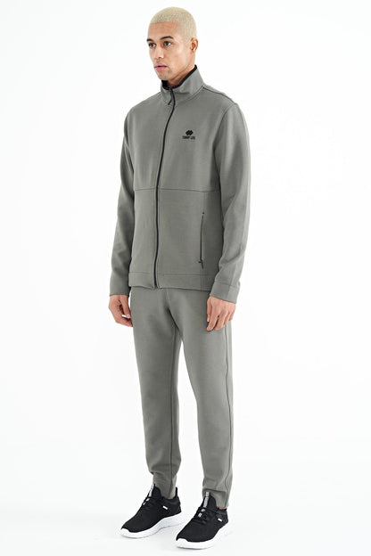 Khaki Logo Embroidered Stand-Up Collar Zippered Hidden Pocket Detailed Men's Tracksuit Set - 85201