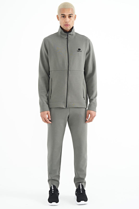 Khaki Logo Embroidered Stand-Up Collar Zippered Hidden Pocket Detailed Men's Tracksuit Set - 85201