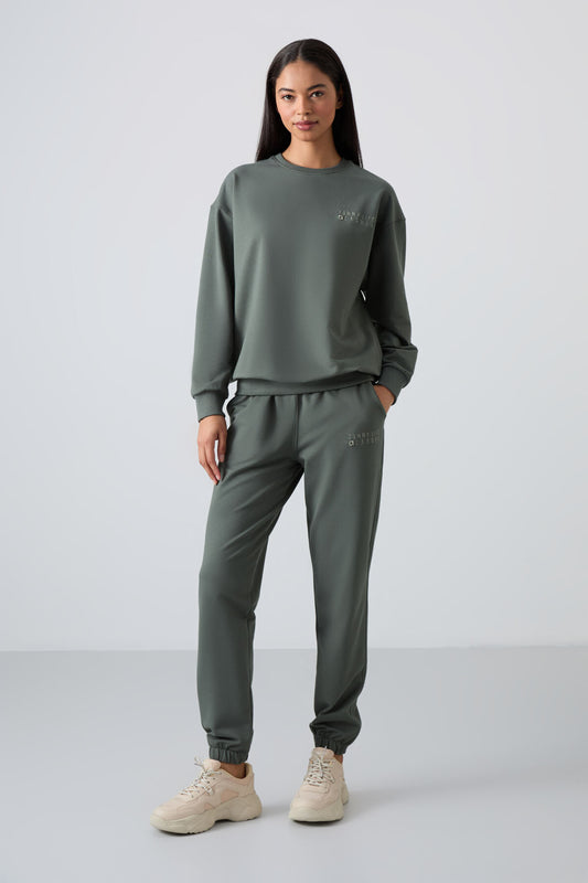 Basic Cotton O-Neck Oversize Elastic Cuffed Women's Tracksuit Set - 95287