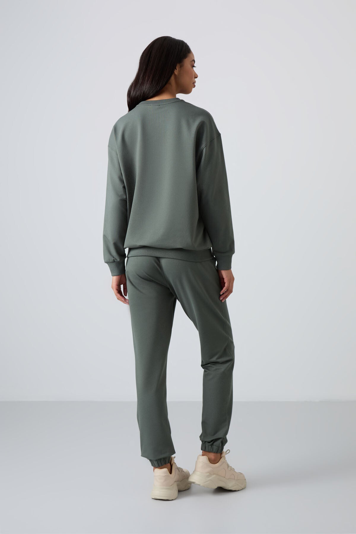 Basic Cotton O-Neck Oversize Elastic Cuffed Women's Tracksuit Set - 95287
