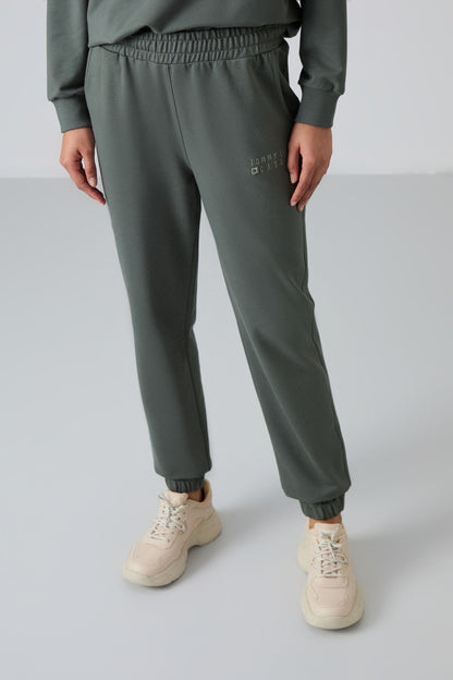 Basic Cotton O-Neck Oversize Elastic Cuffed Women's Tracksuit Set - 95287