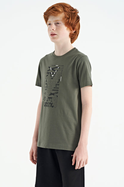 Khaki Pre-Print Detailed O Collar Standard Cut Boys' T-Shirt - 11099