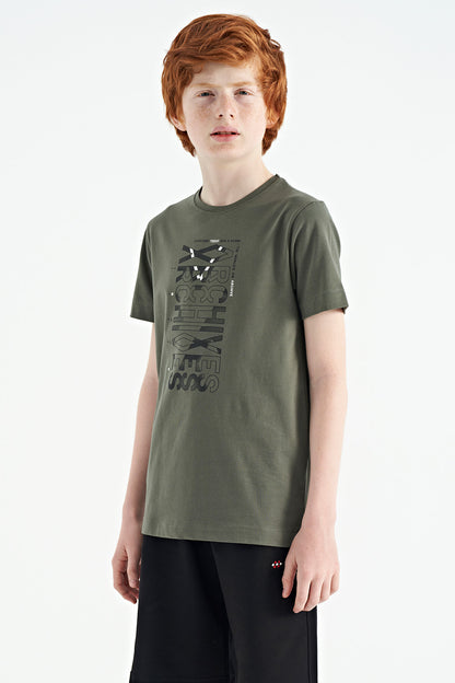 Khaki Pre-Print Detailed O Collar Standard Cut Boys' T-Shirt - 11099