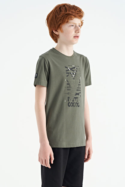 Khaki Pre-Print Detailed O Collar Standard Cut Boys' T-Shirt - 11099