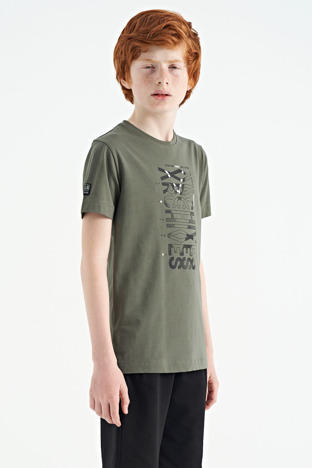 Khaki Pre-Print Detailed O Collar Standard Cut Boys' T-Shirt - 11099
