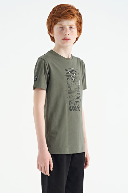 Khaki Pre-Print Detailed O Collar Standard Cut Boys' T-Shirt - 11099