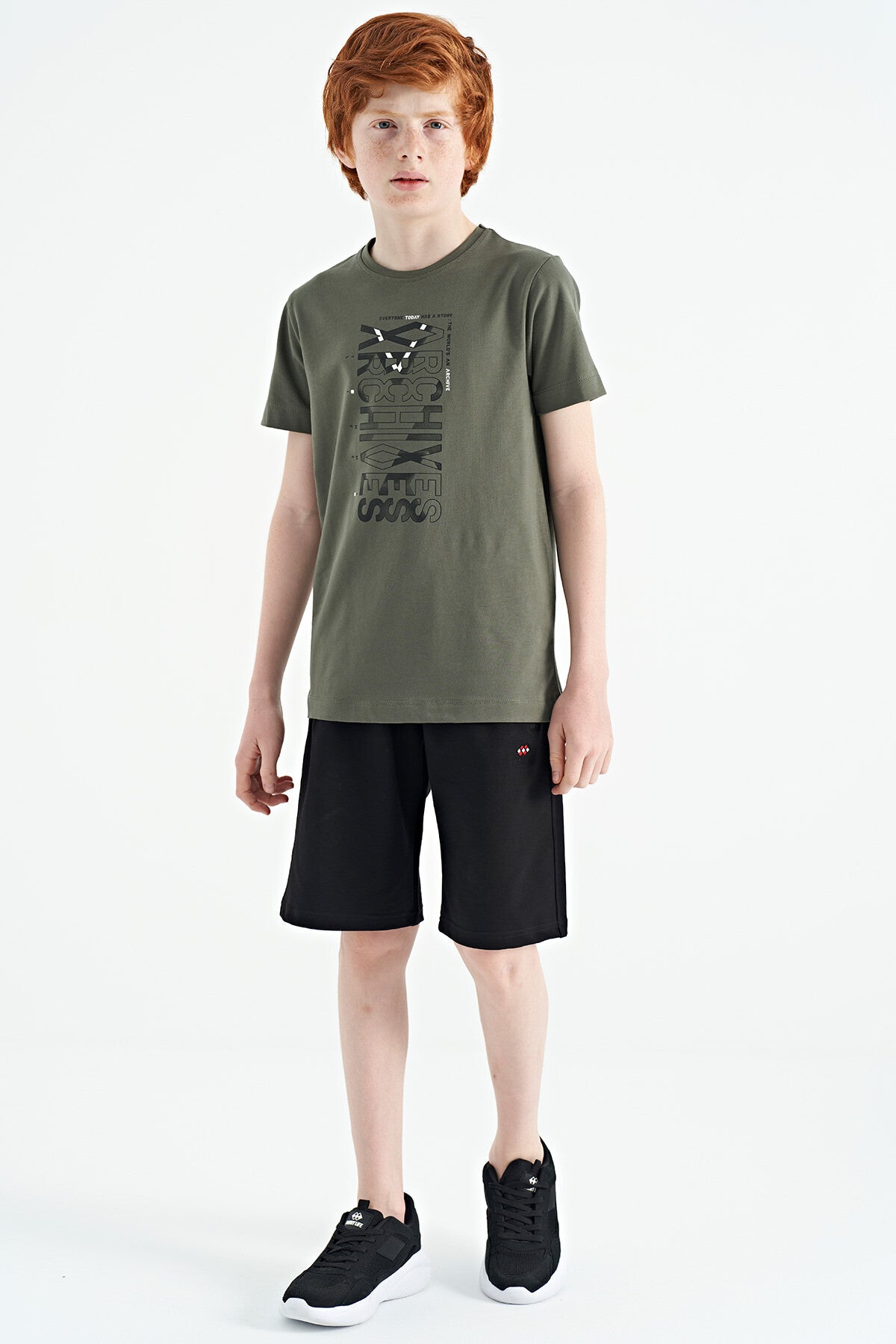 Khaki Pre-Print Detailed O Collar Standard Cut Boys' T-Shirt - 11099