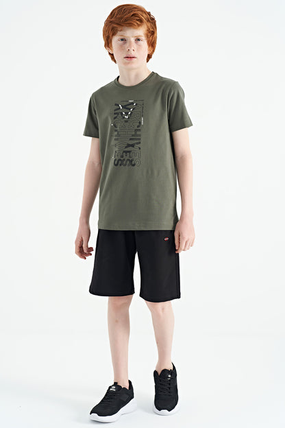 Khaki Pre-Print Detailed O Collar Standard Cut Boys' T-Shirt - 11099