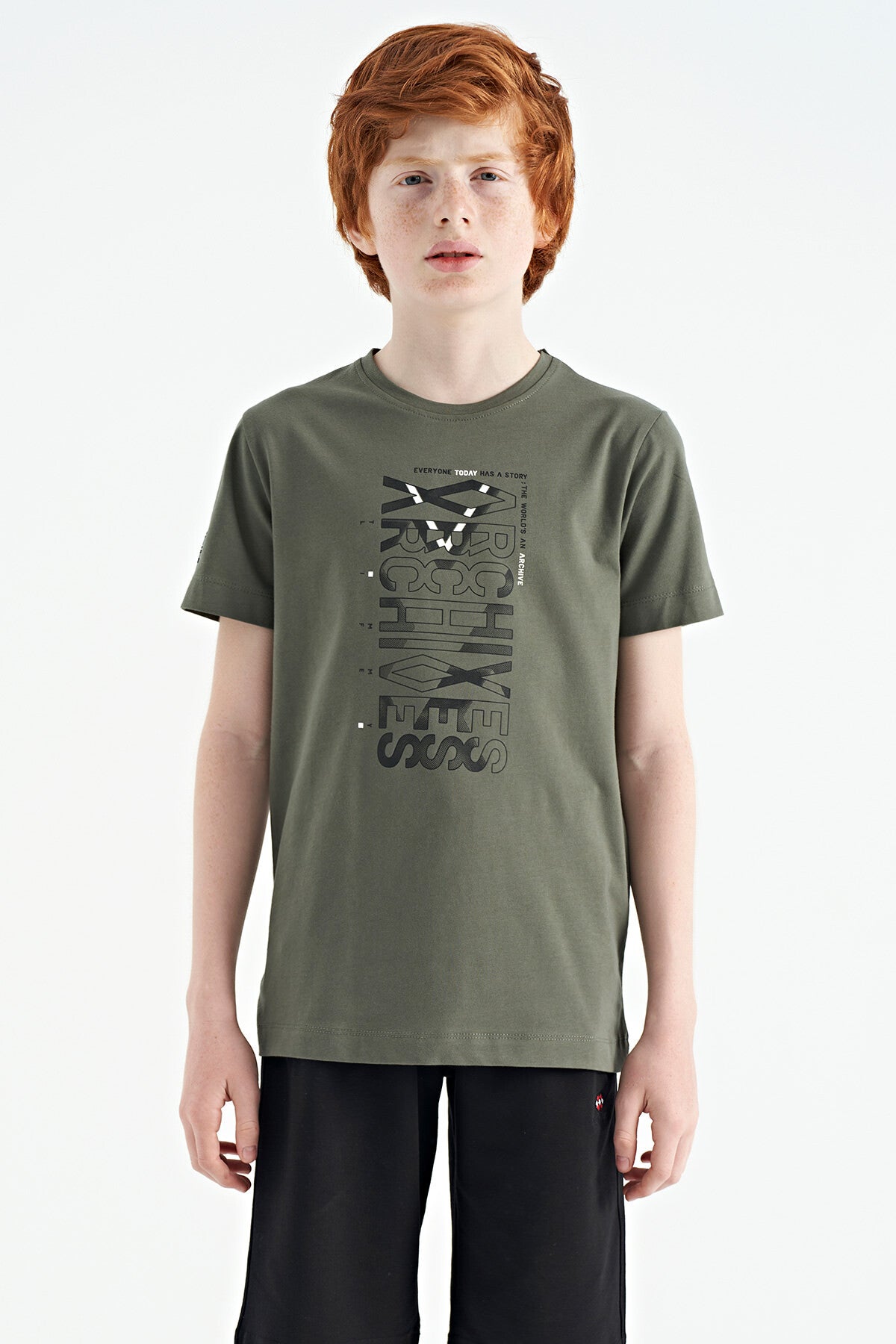 Khaki Pre-Print Detailed O Collar Standard Cut Boys' T-Shirt - 11099