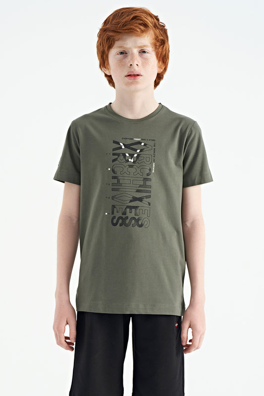 Khaki Pre-Print Detailed O Collar Standard Cut Boys' T-Shirt - 11099