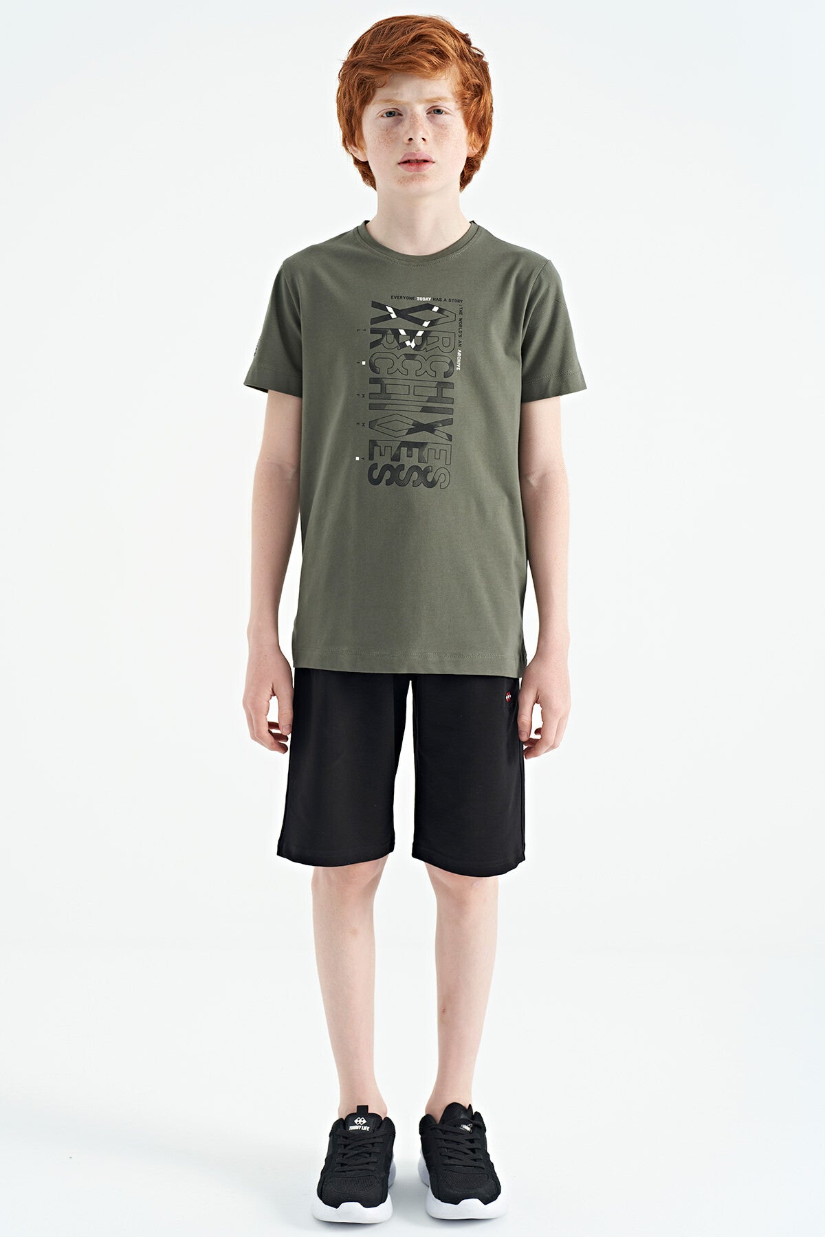 Khaki Pre-Print Detailed O Collar Standard Cut Boys' T-Shirt - 11099