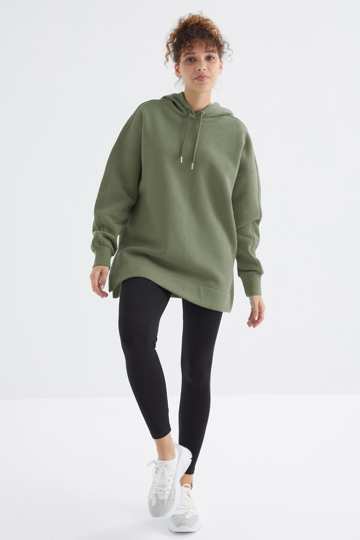 Raglan Sleeve Basic Hooded Oversize Sweatshirt Tunic - 97242