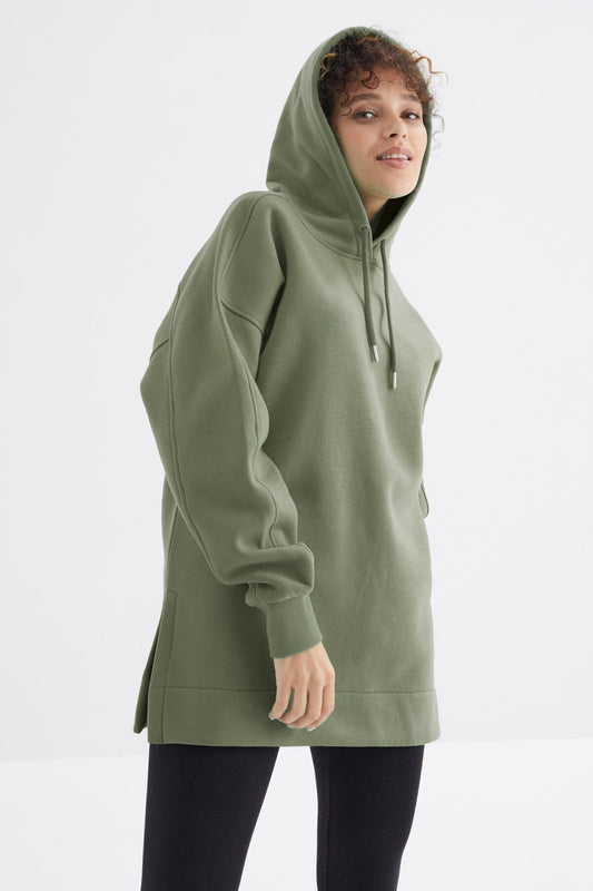 Raglan Sleeve Basic Hooded Oversize Sweatshirt Tunic - 97242