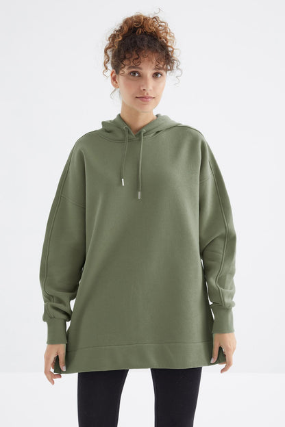 Raglan Sleeve Basic Hooded Oversize Sweatshirt Tunic - 97242