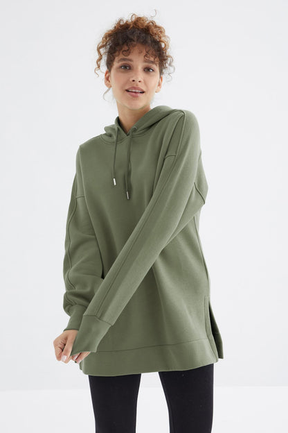 Raglan Sleeve Basic Hooded Oversize Sweatshirt Tunic - 97242
