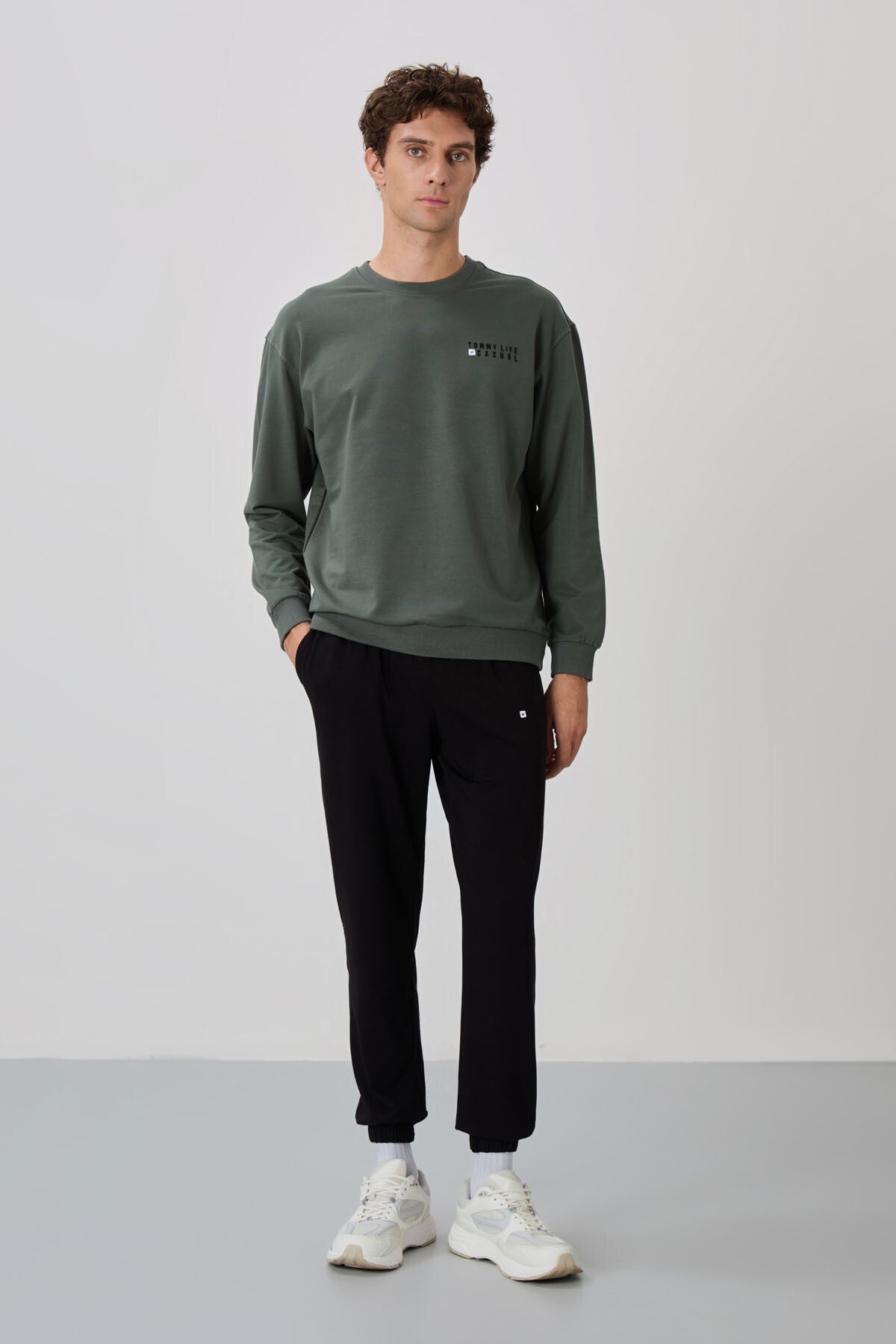 Black Casual O Neck Elastic Cuffed Cotton Men's Oversize Tracksuit Set - 85120