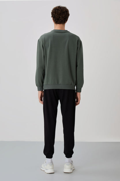 Black Casual O Neck Elastic Cuffed Cotton Men's Oversize Tracksuit Set - 85120