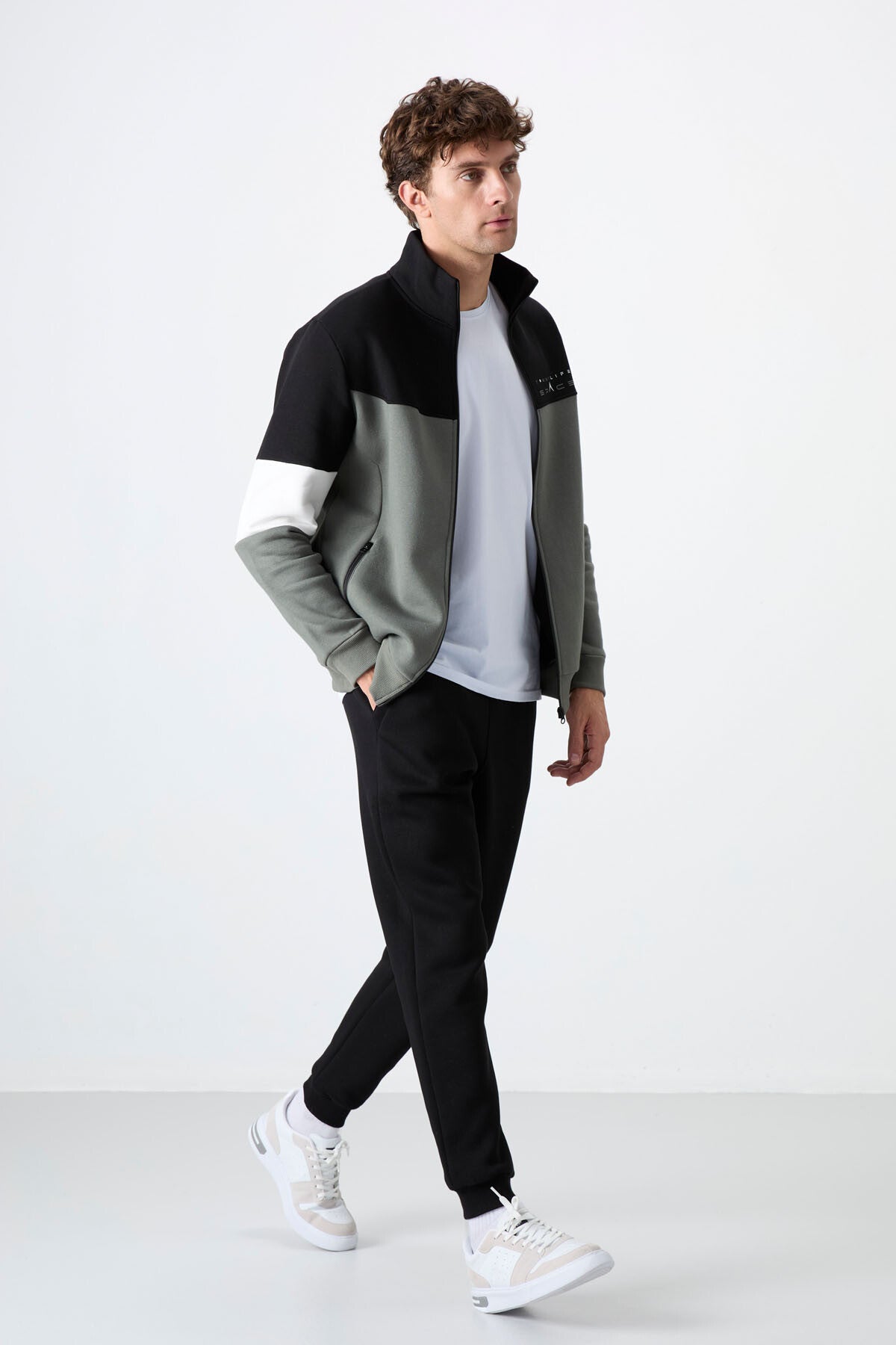 Black Stand Collar Color Gradient Fleece-Lined Men's Tracksuit Set - 85186