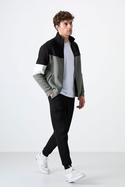 Black Stand Collar Color Gradient Fleece-Lined Men's Tracksuit Set - 85186