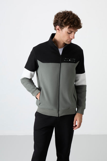 Black Stand Collar Color Gradient Fleece-Lined Men's Tracksuit Set - 85186