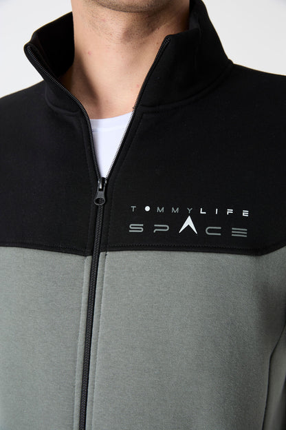 Black Stand Collar Color Gradient Fleece-Lined Men's Tracksuit Set - 85186