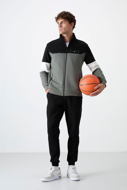 Black Stand Collar Color Gradient Fleece-Lined Men's Tracksuit Set - 85186