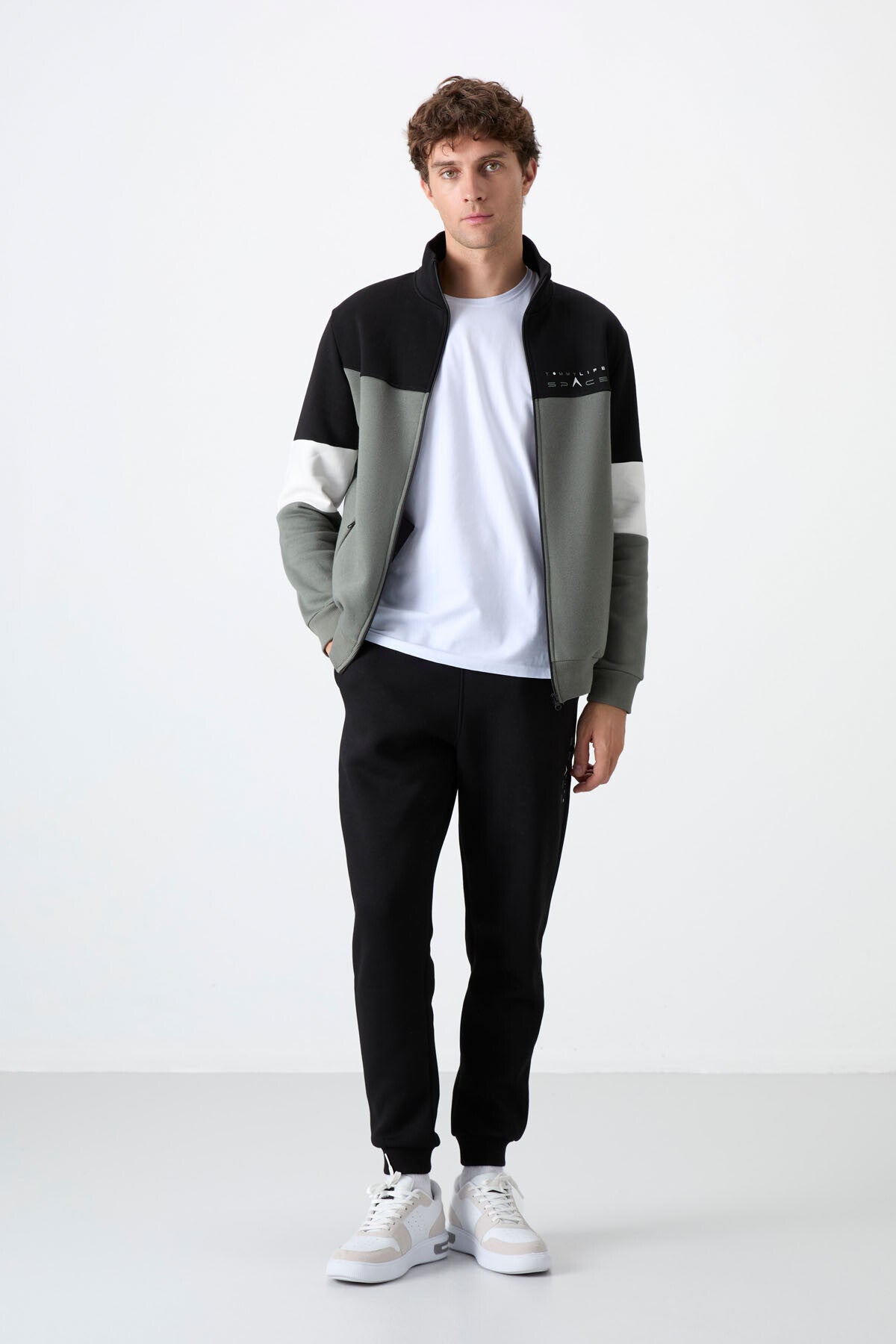 Black Stand Collar Color Gradient Fleece-Lined Men's Tracksuit Set - 85186