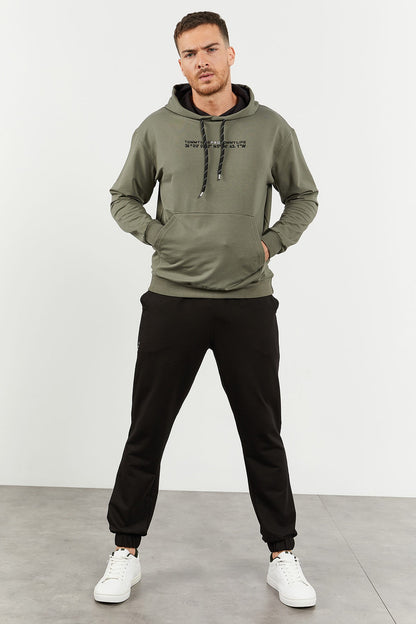 Black Hooded Kangaroo Pocket Elastic Cuffed Men's Oversize Tracksuit Set - 85117