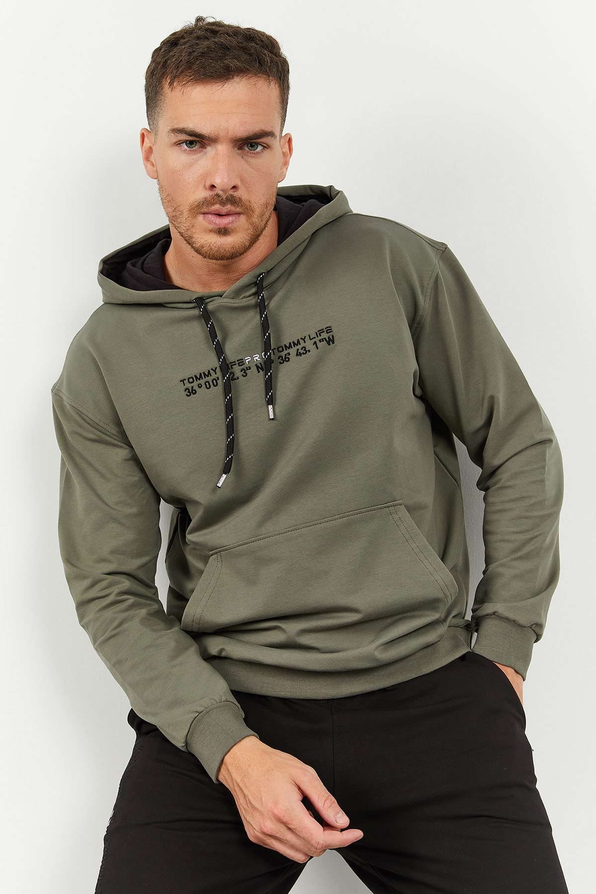 Black Hooded Kangaroo Pocket Elastic Cuffed Men's Oversize Tracksuit Set - 85117