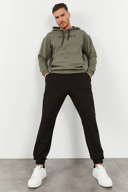 Black Hooded Kangaroo Pocket Elastic Cuffed Men's Oversize Tracksuit Set - 85117
