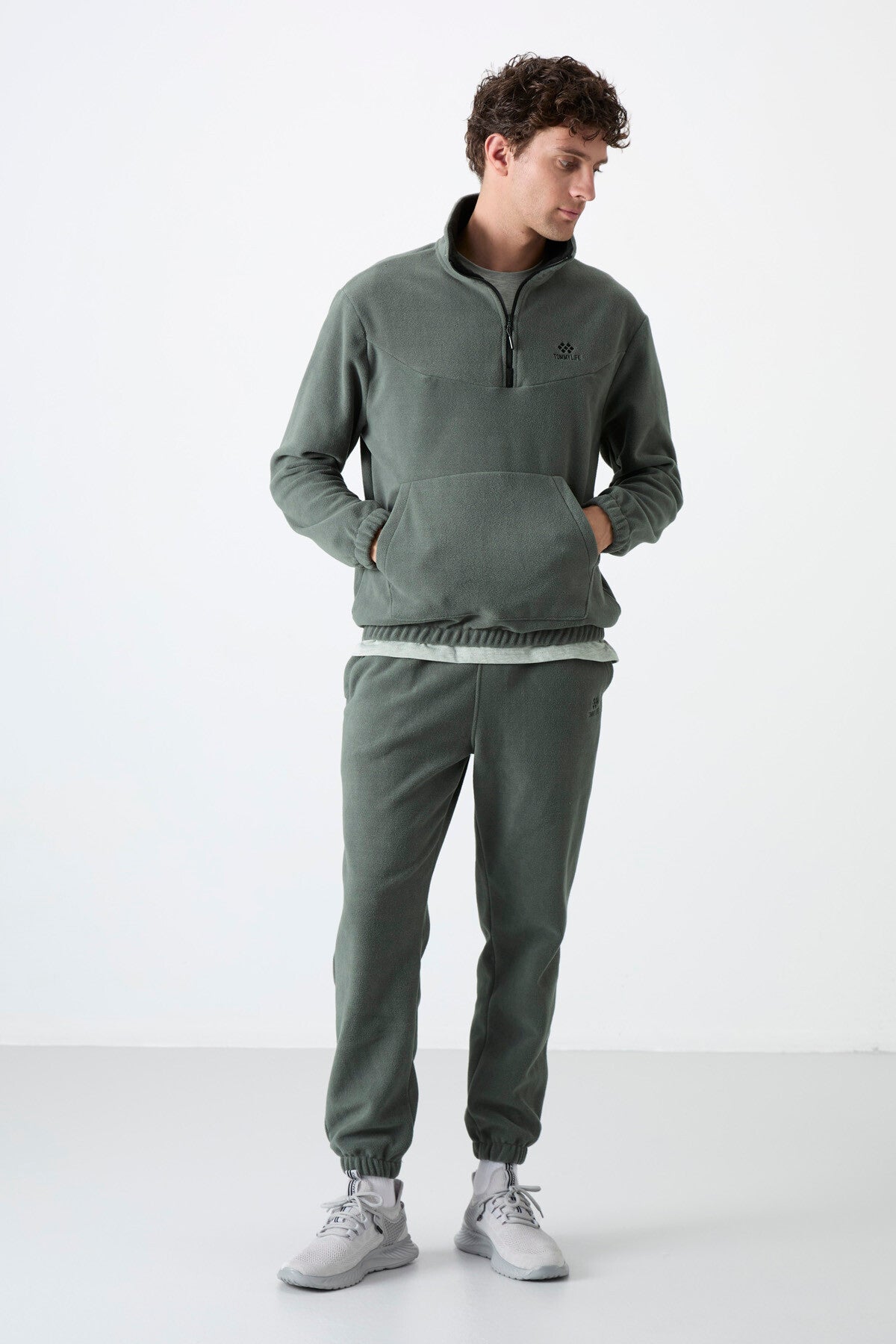 Half Zipper Stand Collar Elastic Cuff Fleece Men's Tracksuit Set - 85159