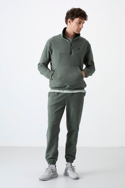 Half Zipper Stand Collar Elastic Cuff Fleece Men's Tracksuit Set - 85159