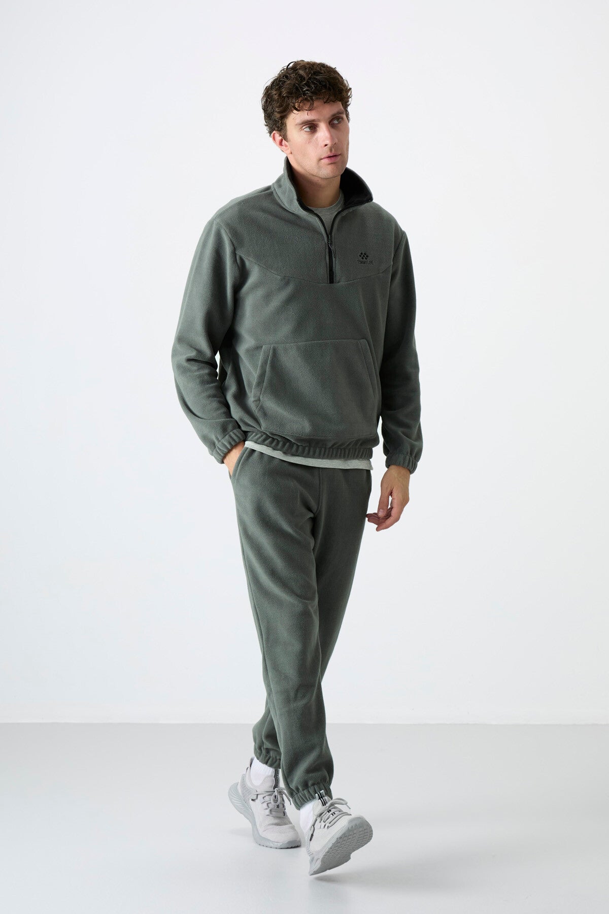 Half Zipper Stand Collar Elastic Cuff Fleece Men's Tracksuit Set - 85159