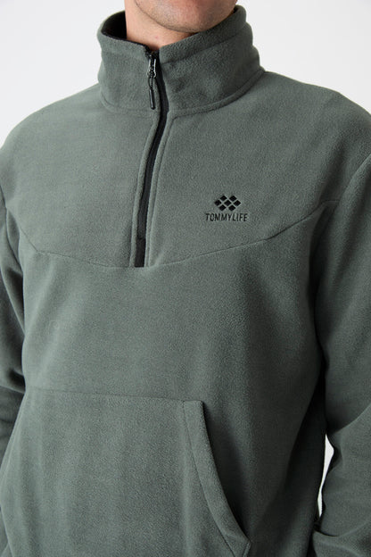 Half Zipper Stand Collar Elastic Cuff Fleece Men's Tracksuit Set - 85159