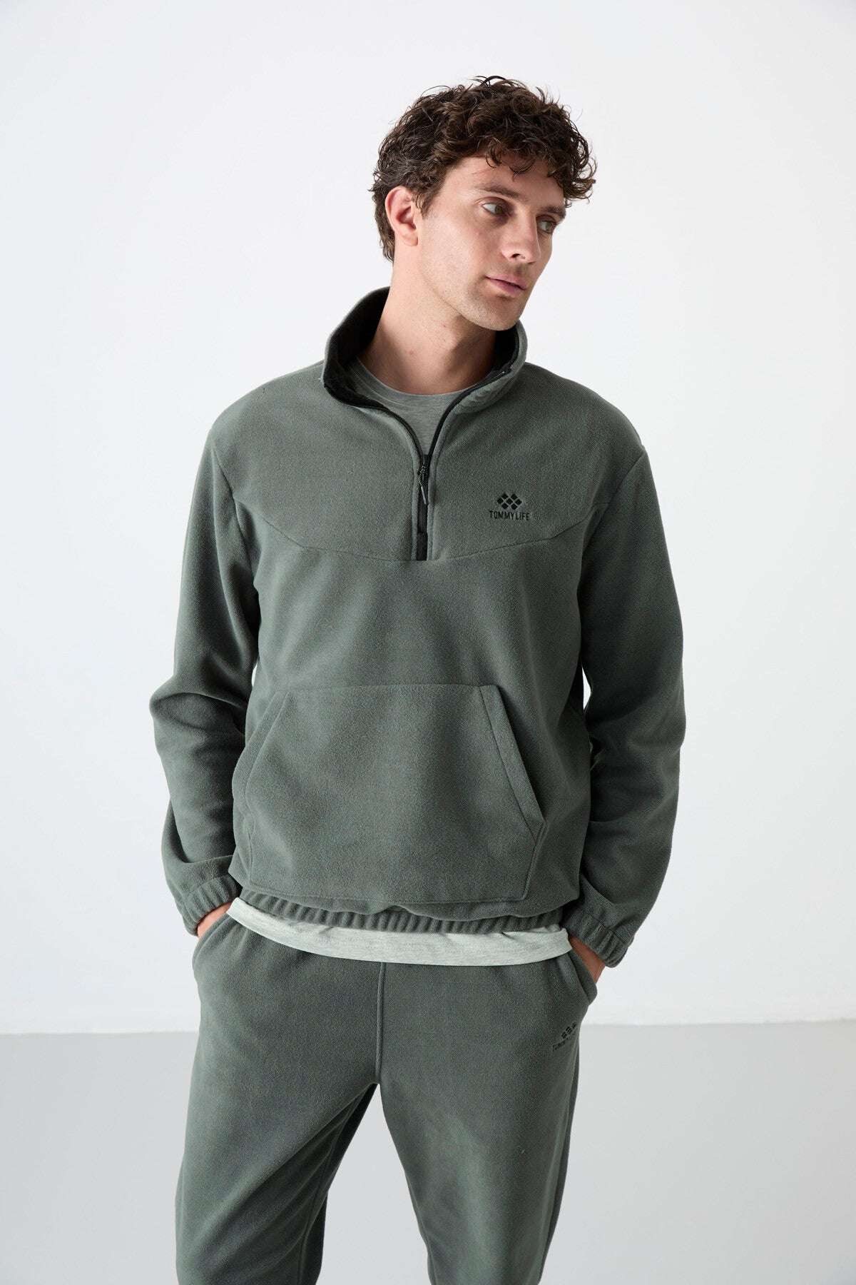 Half Zipper Stand Collar Elastic Cuff Fleece Men's Tracksuit Set - 85159