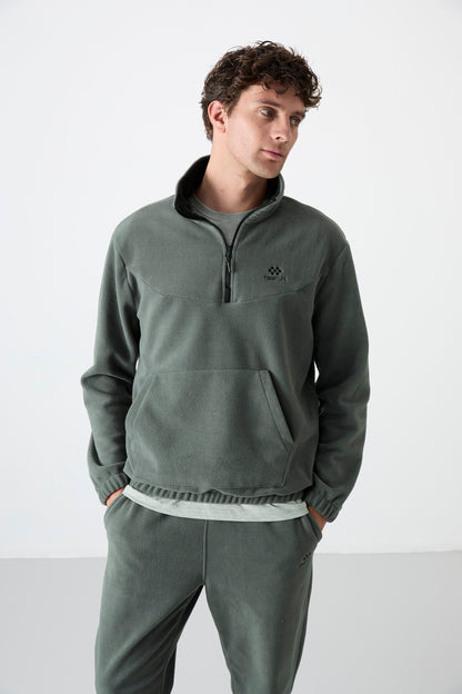 Half Zipper Stand Collar Elastic Cuff Fleece Men's Tracksuit Set - 85159