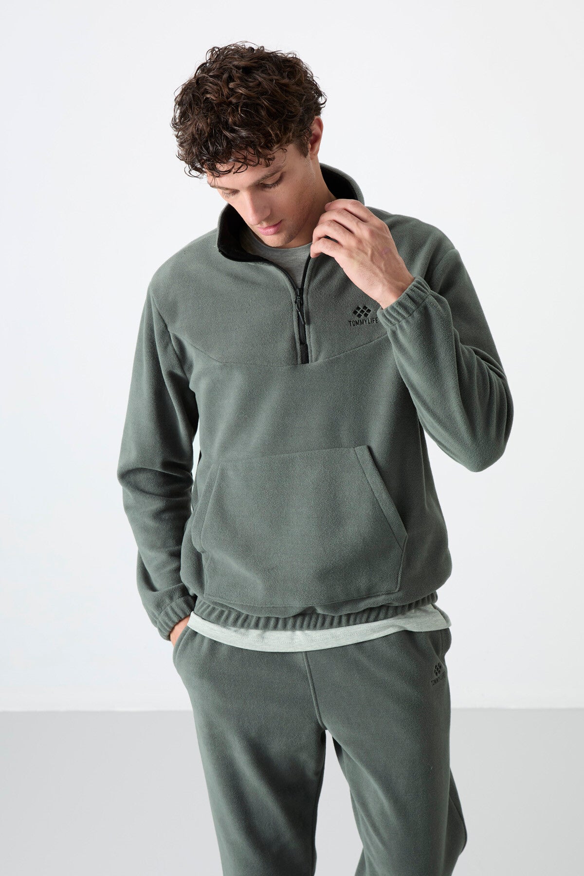 Half Zipper Stand Collar Elastic Cuff Fleece Men's Tracksuit Set - 85159