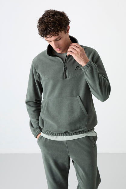 Half Zipper Stand Collar Elastic Cuff Fleece Men's Tracksuit Set - 85159