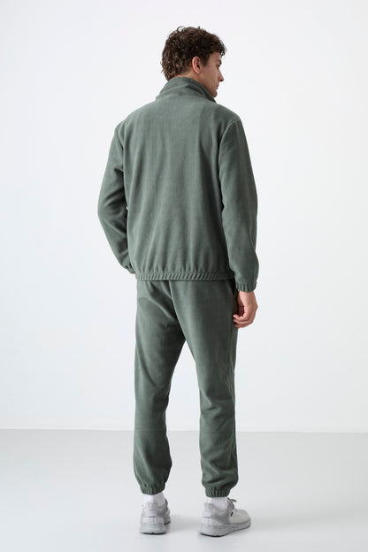 Half Zipper Stand Collar Elastic Cuff Fleece Men's Tracksuit Set - 85159