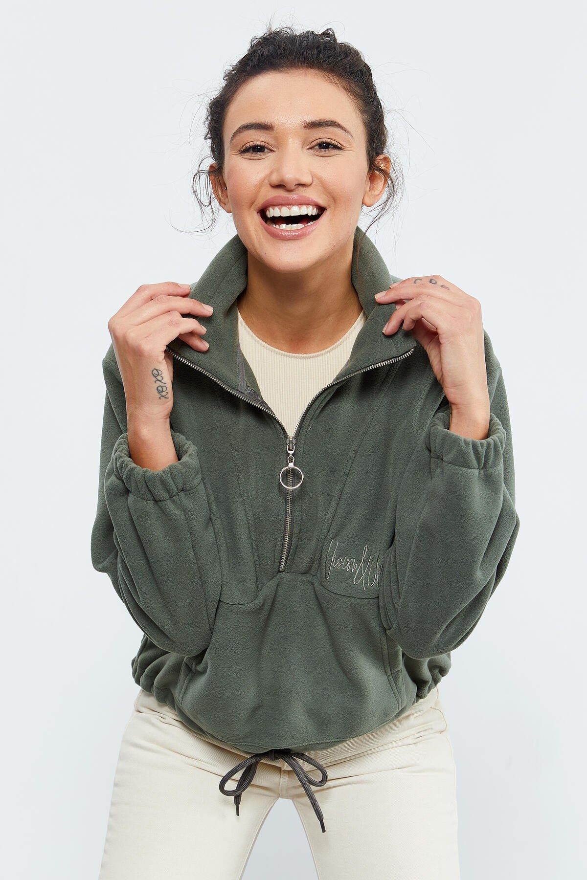Half Zipper Skirt with Gathered Hem Women's Polar Oversize Sweatshirt - 97171