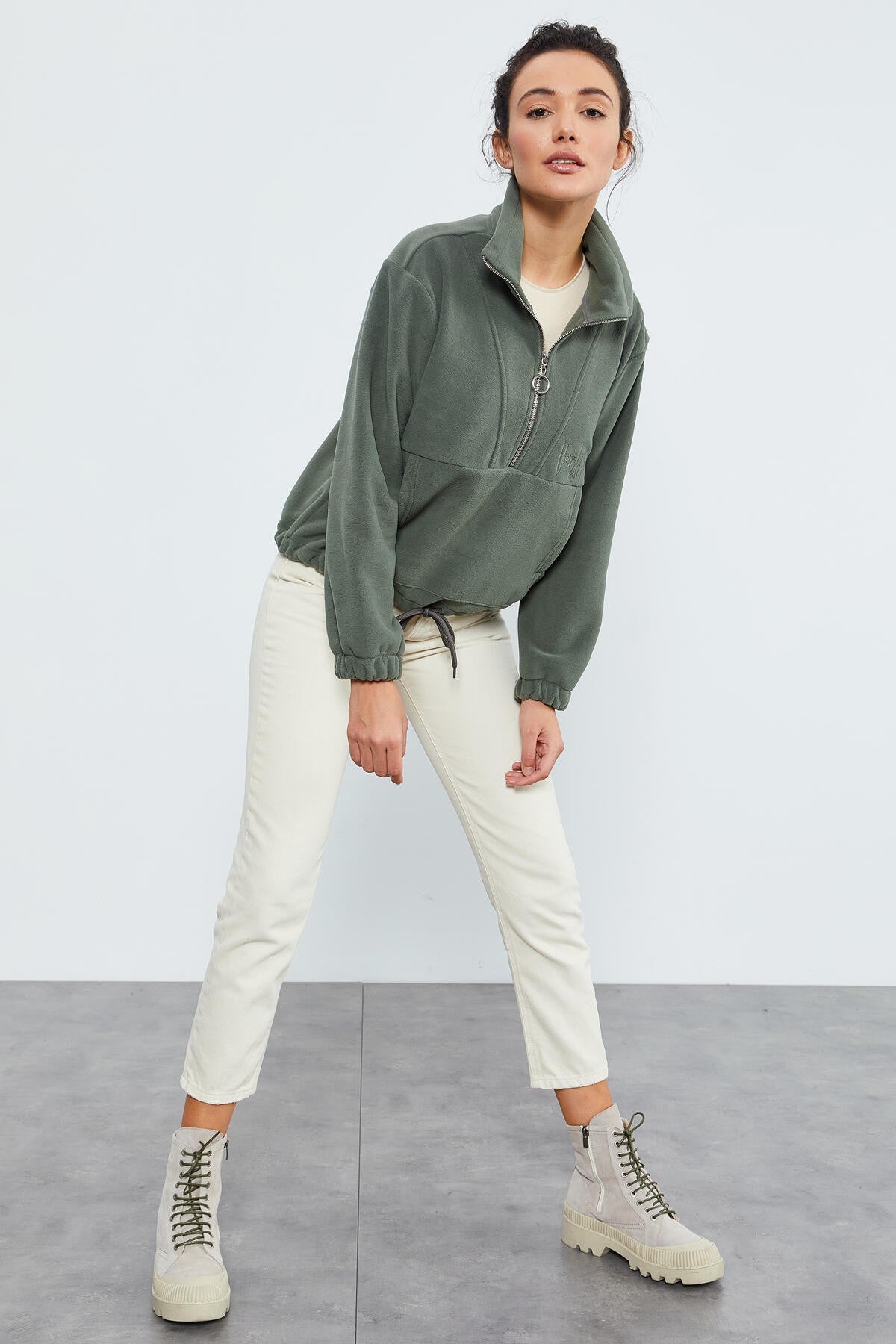 Half Zipper Skirt with Gathered Hem Women's Polar Oversize Sweatshirt - 97171