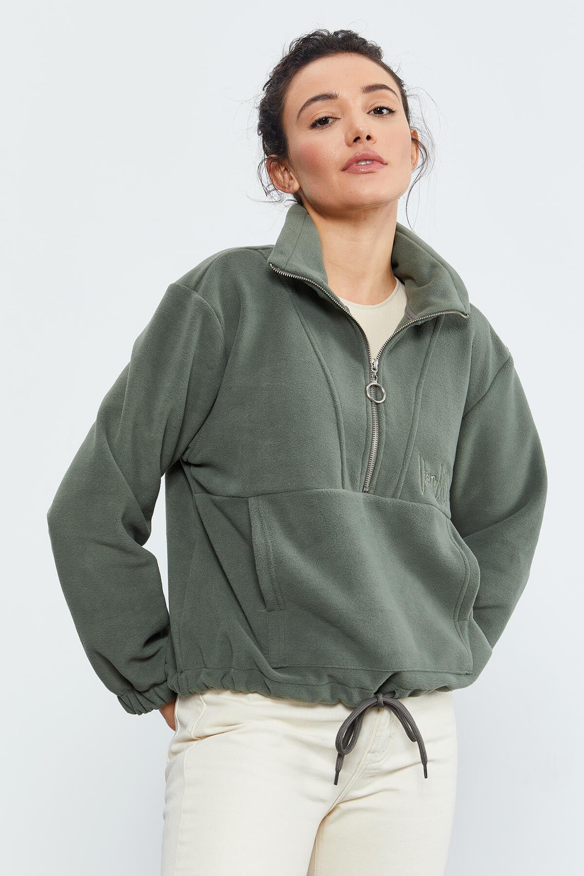 Half Zipper Skirt with Gathered Hem Women's Polar Oversize Sweatshirt - 97171
