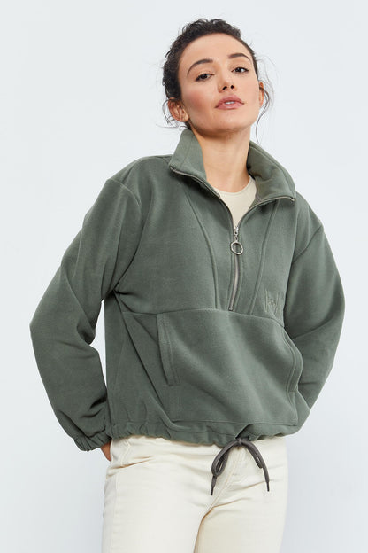 Half Zipper Skirt with Gathered Hem Women's Polar Oversize Sweatshirt - 97171