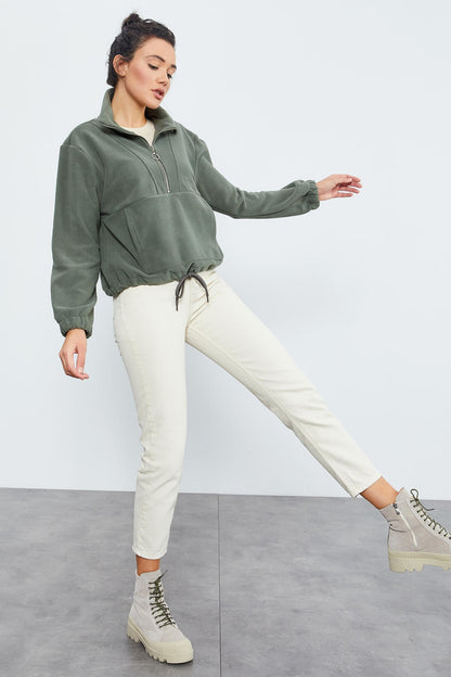 Half Zipper Skirt with Gathered Hem Women's Polar Oversize Sweatshirt - 97171