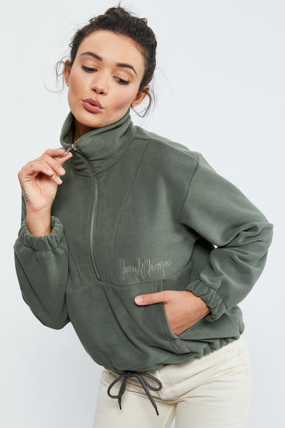 Half Zipper Skirt with Gathered Hem Women's Polar Oversize Sweatshirt - 97171